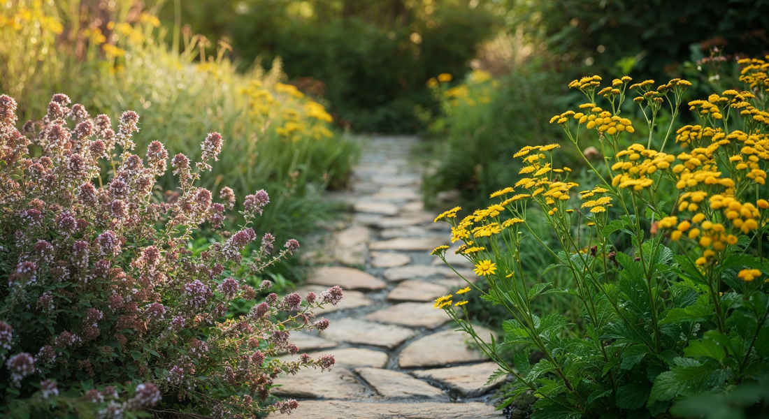 How growing marjoram and tanacetum along the path welcomed bees and brought a softness to even the stoniest corners