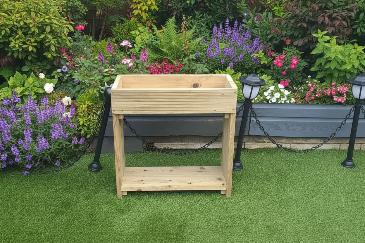 60cm High Wooden Garden Troughs on Legs with Bottom Shelf | Raised Planters for Accessibility