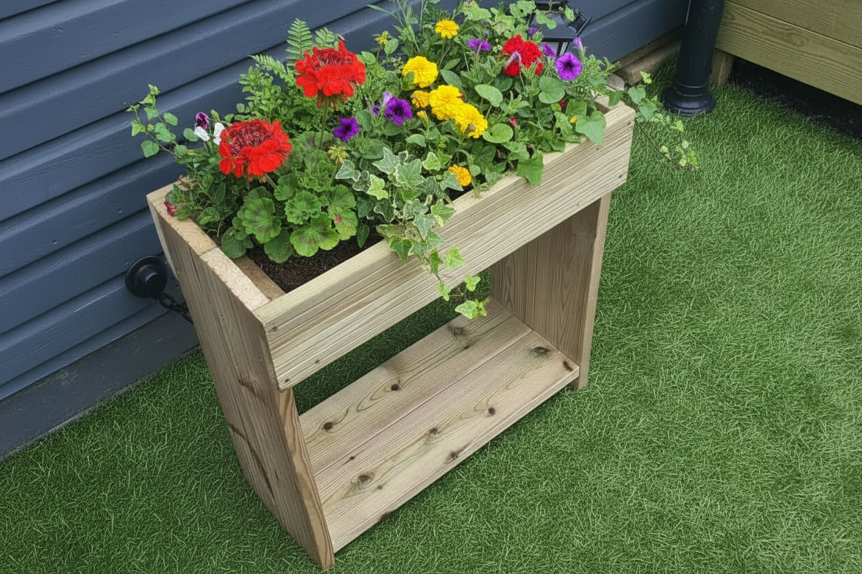 60cm High Wooden Garden Troughs on Legs with Bottom Shelf | Raised Planters for Accessibility