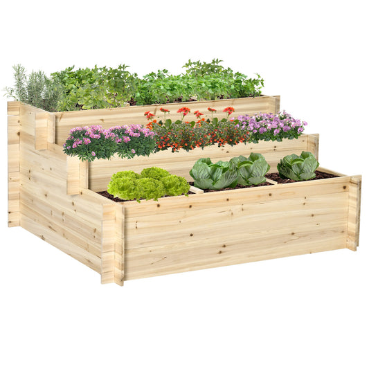 3-Tier Raised Garden Bed 117cm Fir Wood Elevated Planter with 9 Grow Grids for Vegetables & Herbs