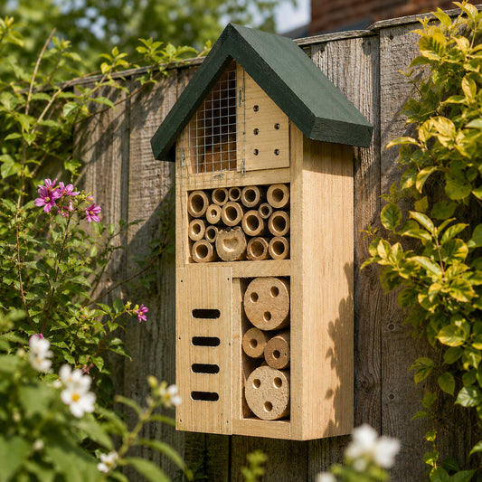 Wooden Insect Hotel for Bees, Butterflies & Pollinators - Garden Bug House with Identification Chart